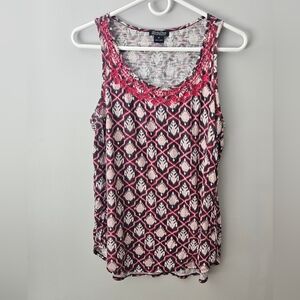 Lucky Brand Sleeveless Pink Patterned Tank with Embroidered Trim